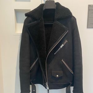 All Saints Mens Terro Leather Shearling Biker Jacket (XS / Black)